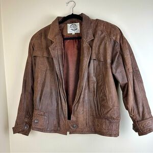 Vintage 100% Leather Open front Global Identity Brown Jacket size Large
